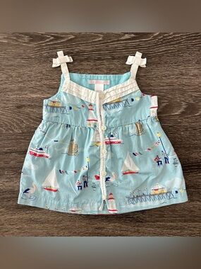 Janie and Jack Yacht Party Blue White Boat Pleated Seaside Top 2T Pink Label VTG